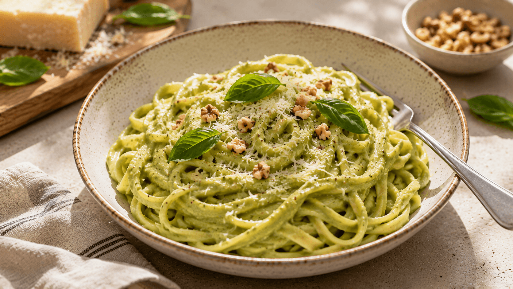 Plato de pasta con salsa cremosa de aguacate, queso rallado, nueces y hojas de albahaca