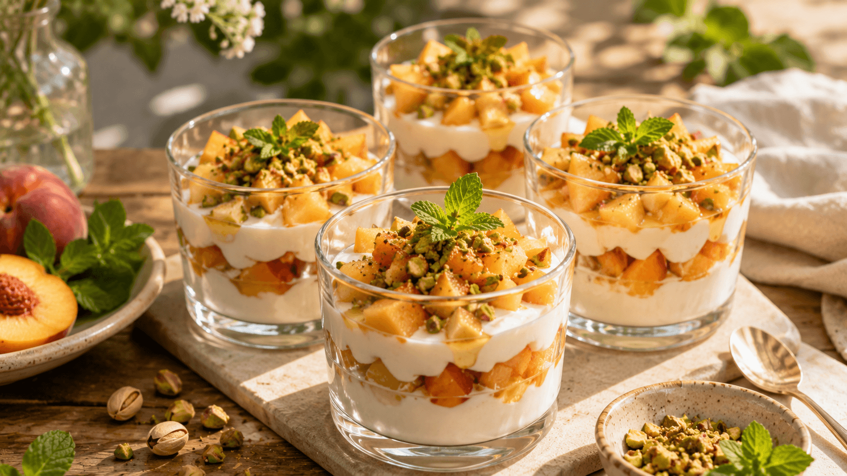 Vasos de cristal con capas de yogur griego, melocotón en dados, pistachos picados y hojas de menta como postre de verano.