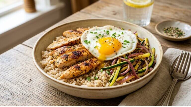Bowl de pollo, huevo y verduras