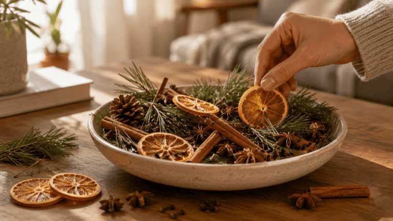 Como fazer um pot-pourri aromático com agulhas de pinheiro, laranja, canela, cravo e anis para perfumar sua casa