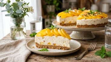 A torta de pêssego sem forno que combina creme cremoso e biscoitos crocantes