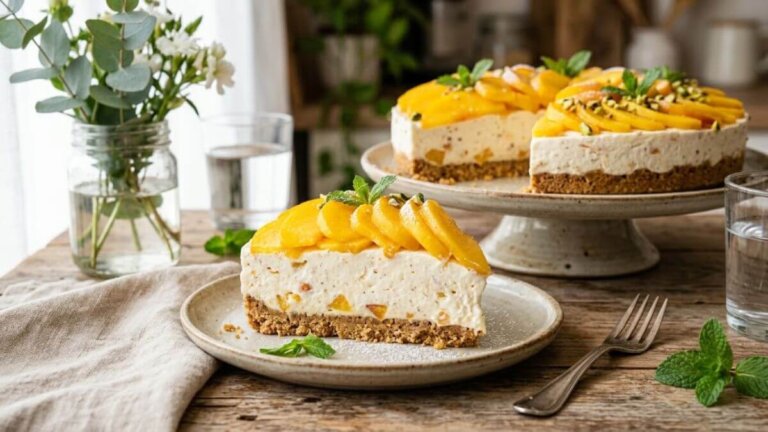 A torta de pêssego sem forno que combina creme cremoso e biscoitos crocantes