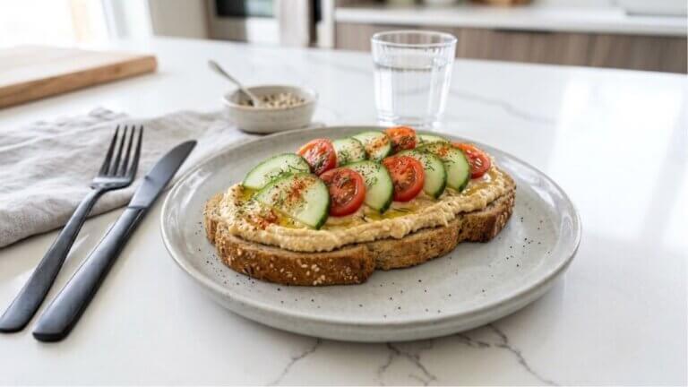 Tostada de hummus de garbanzos, pepino y tomate