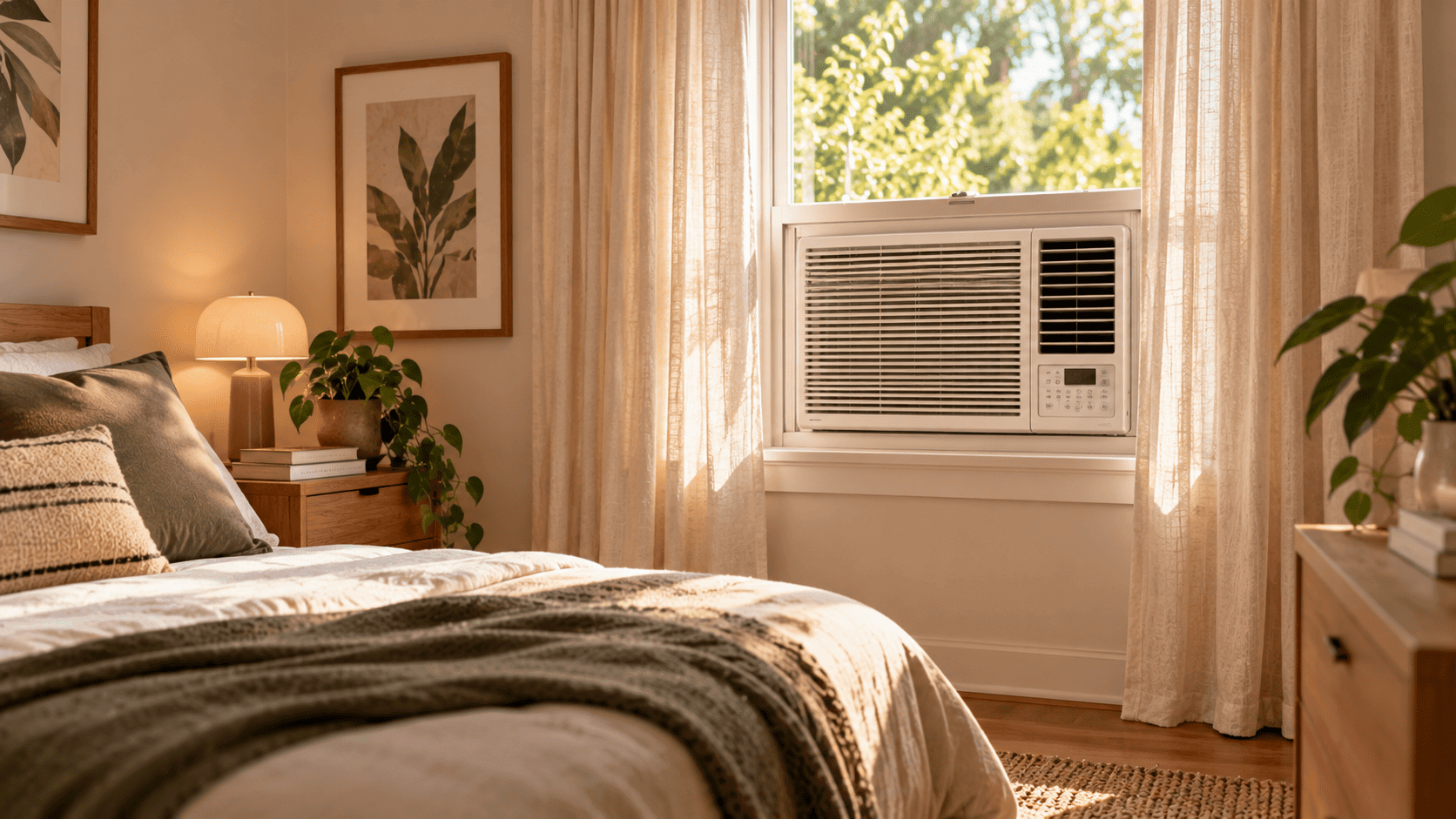 Ar-condicionado de janela branco em um quarto com cortinas de linho bege nas laterais.