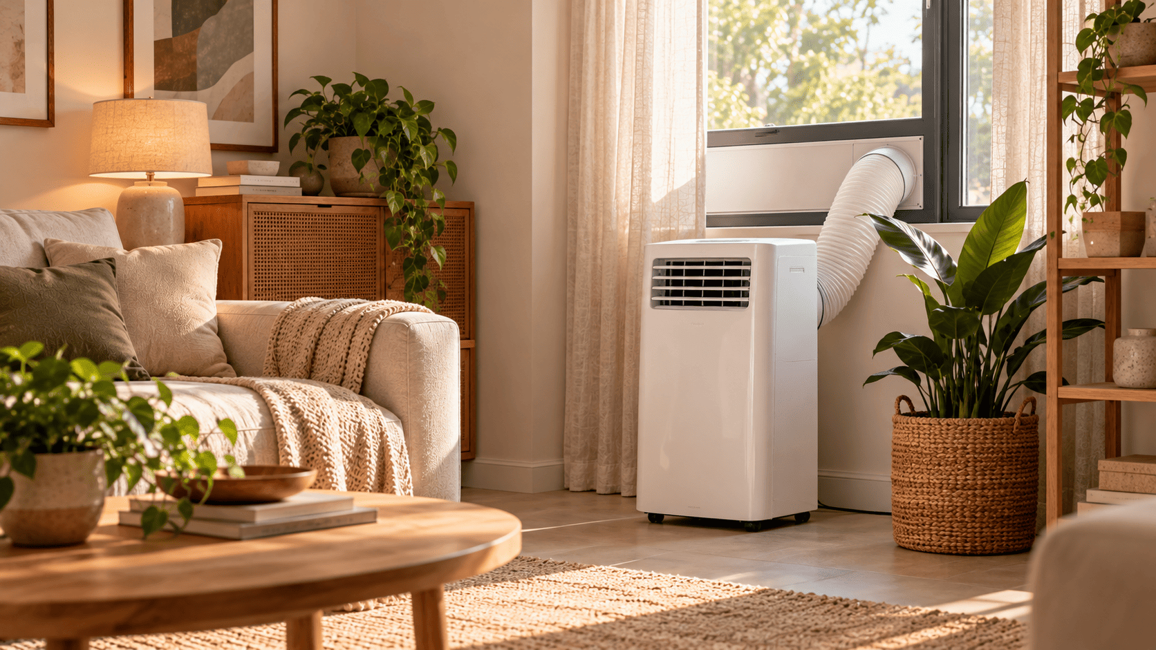 Ar-condicionado portátil branco junto a uma janela, com duto de exaustão e plantas decorativas em uma sala.
