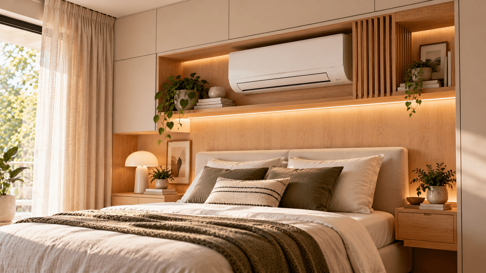 Ar-condicionado split branco em um nicho de madeira acima de uma cama, integrado a um quarto com móveis planejados.