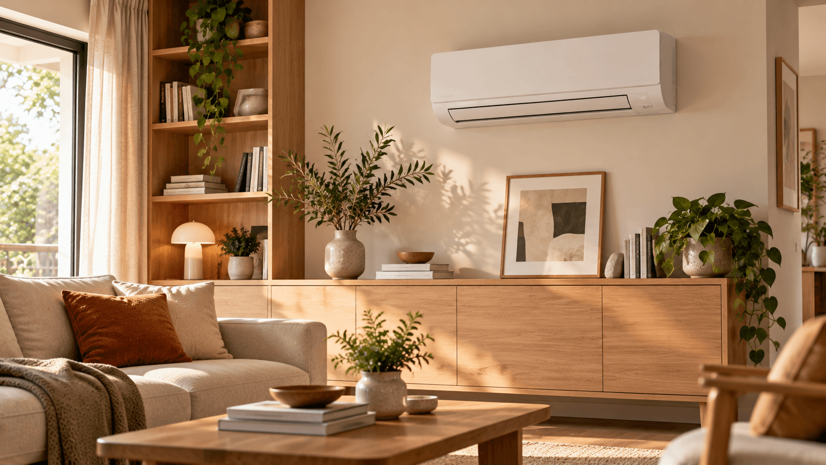 Ar-condicionado split branco acima de um móvel de madeira com prateleiras e objetos decorativos em uma sala.