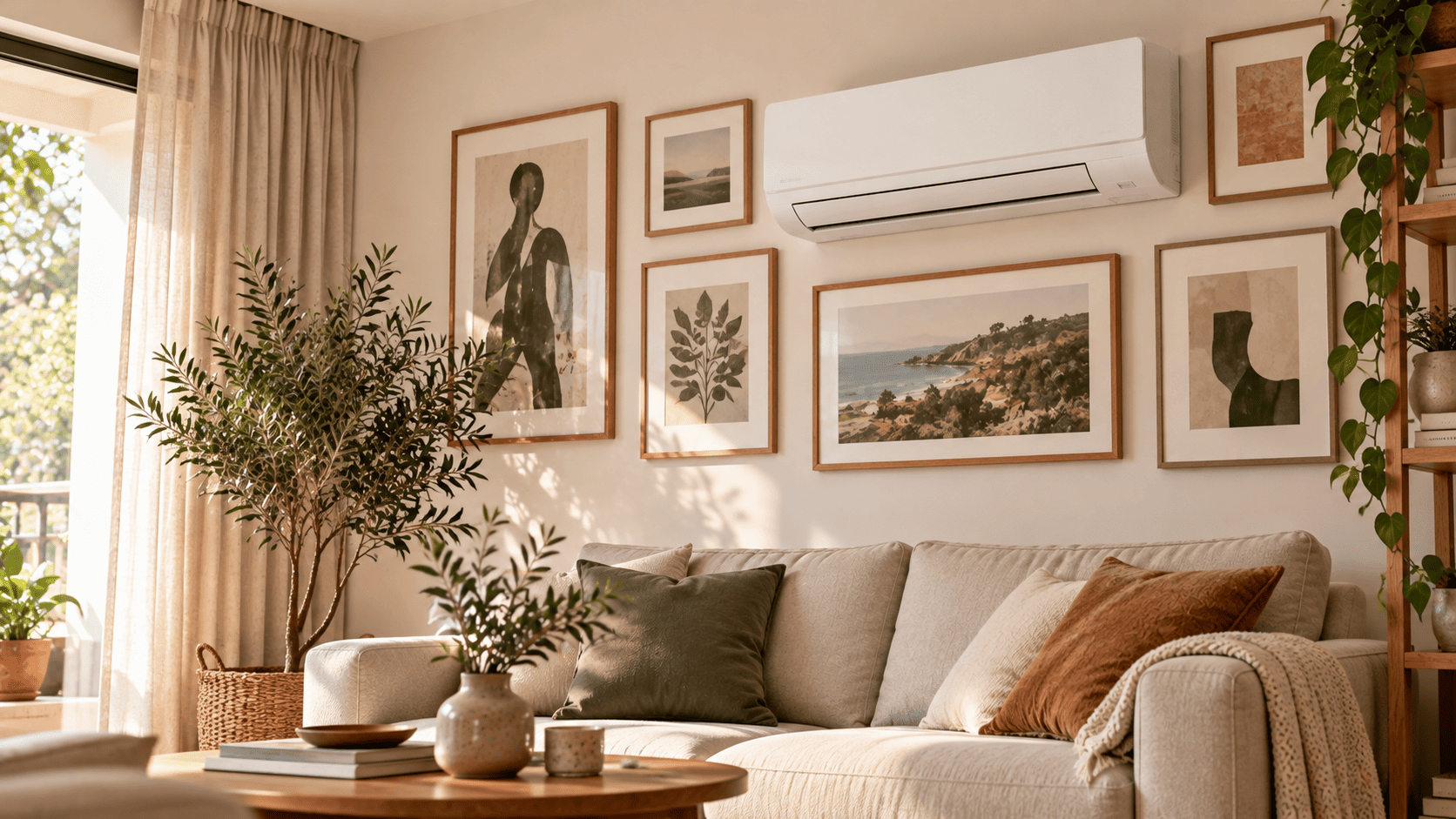 Ar-condicionado split branco cercado por quadros acima de um sofá bege em uma sala contemporânea.