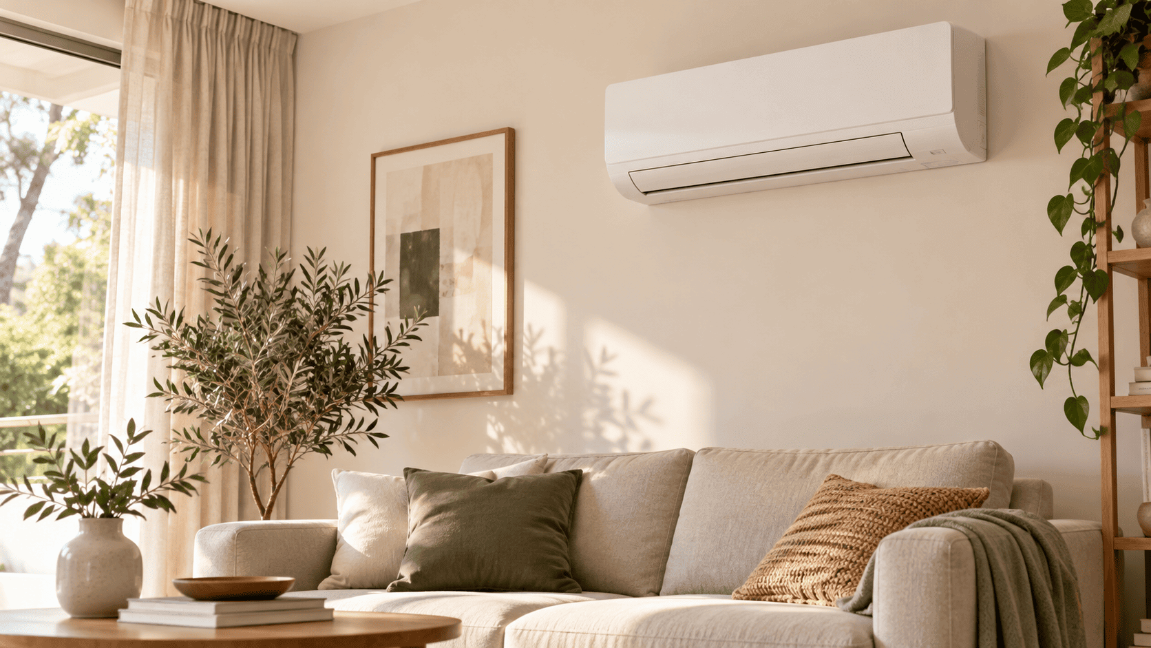 Ar-condicionado split branco em uma parede bege-clara, em uma sala com móveis de madeira e decoração natural.