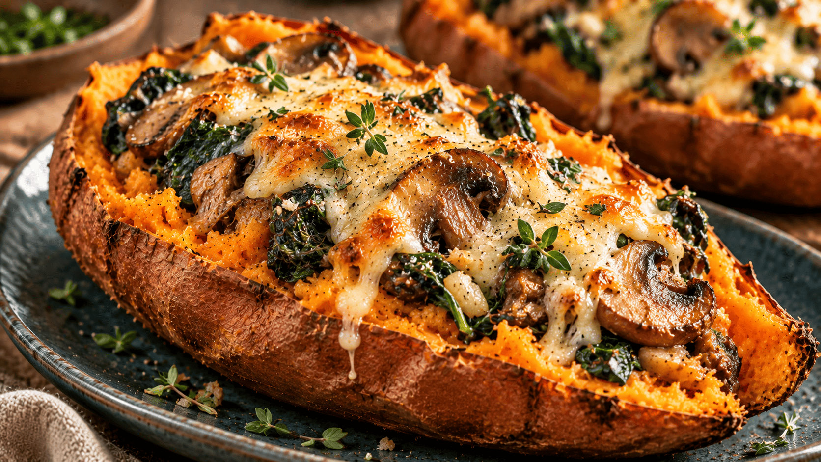 Boniato asado relleno de setas, espinacas y queso gratinado con tomillo.