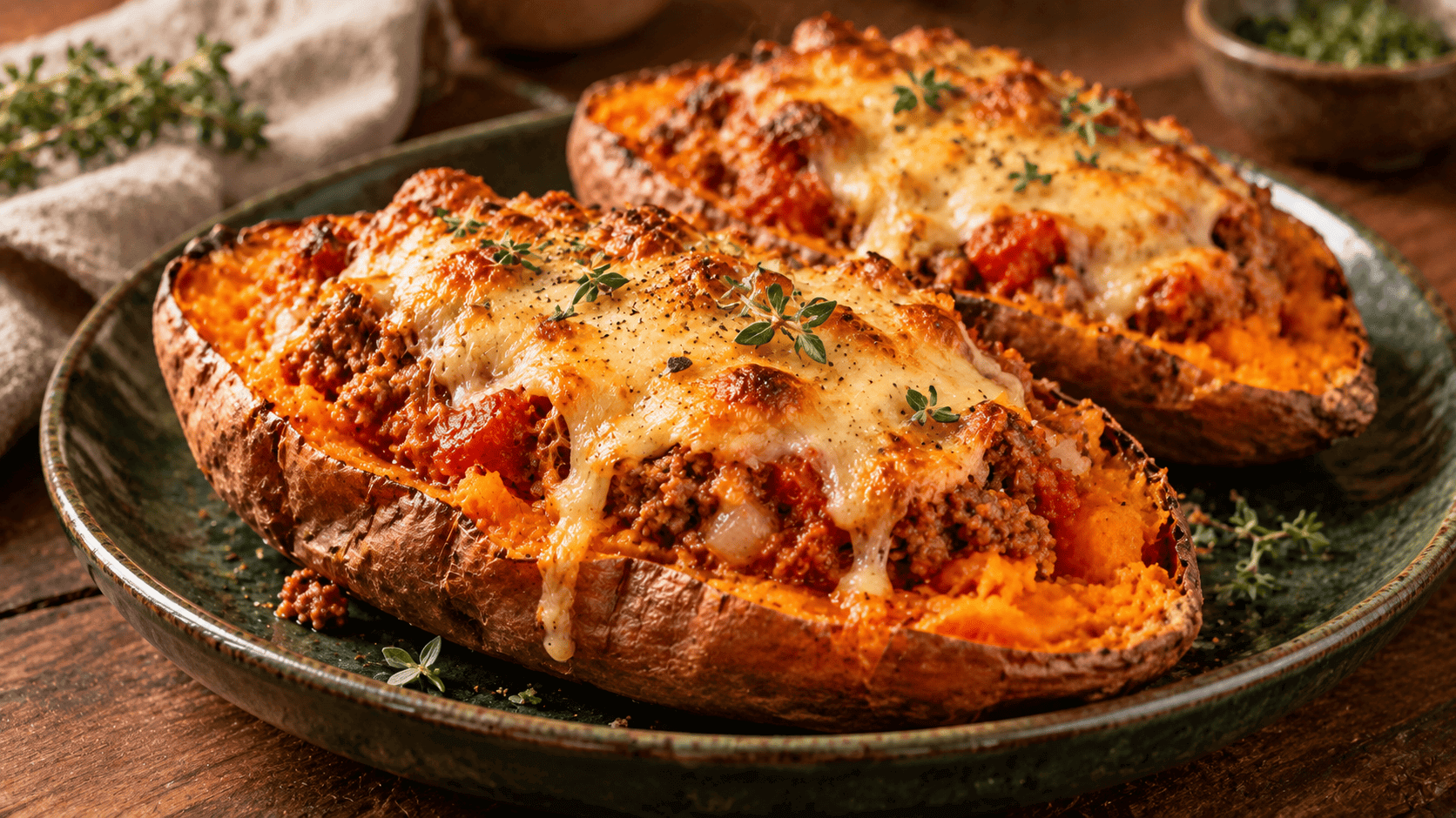 Boniato relleno de carne picada, tomate y queso gratinado con hierbas.