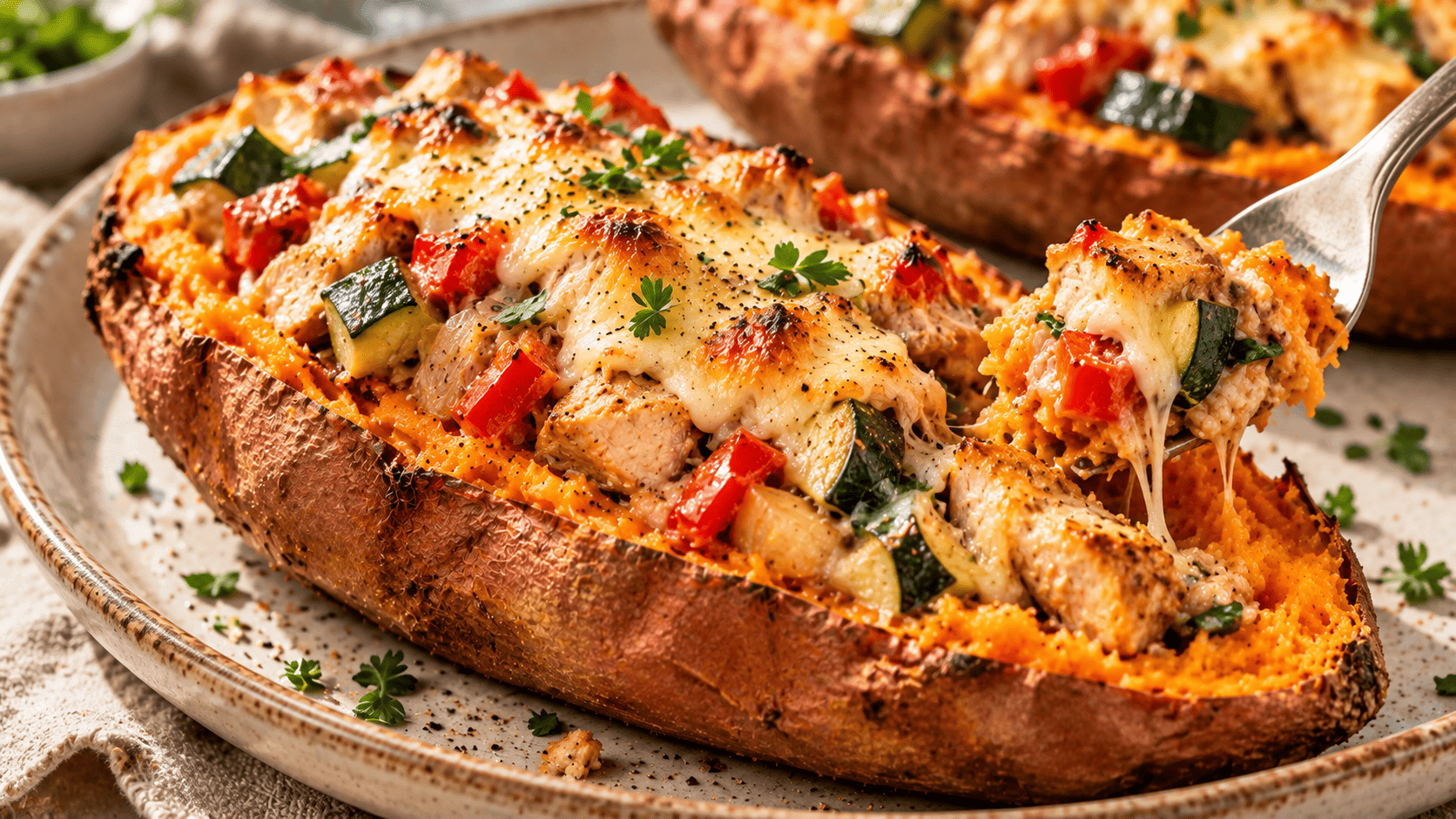 Boniato relleno de pollo, calabacín, pimiento rojo y queso gratinado.