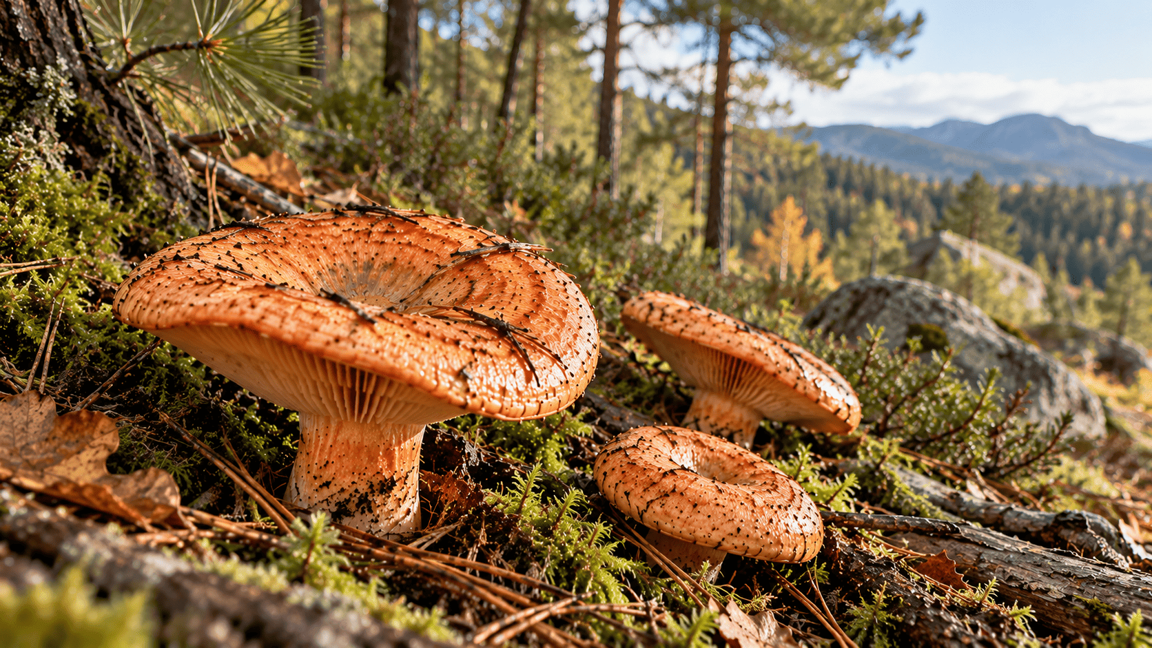 Cogumelos de chapéu alaranjado e lâminas visíveis que representam níscalos, entre musgo, folhas secas e agulhas de pinheiro em uma floresta.