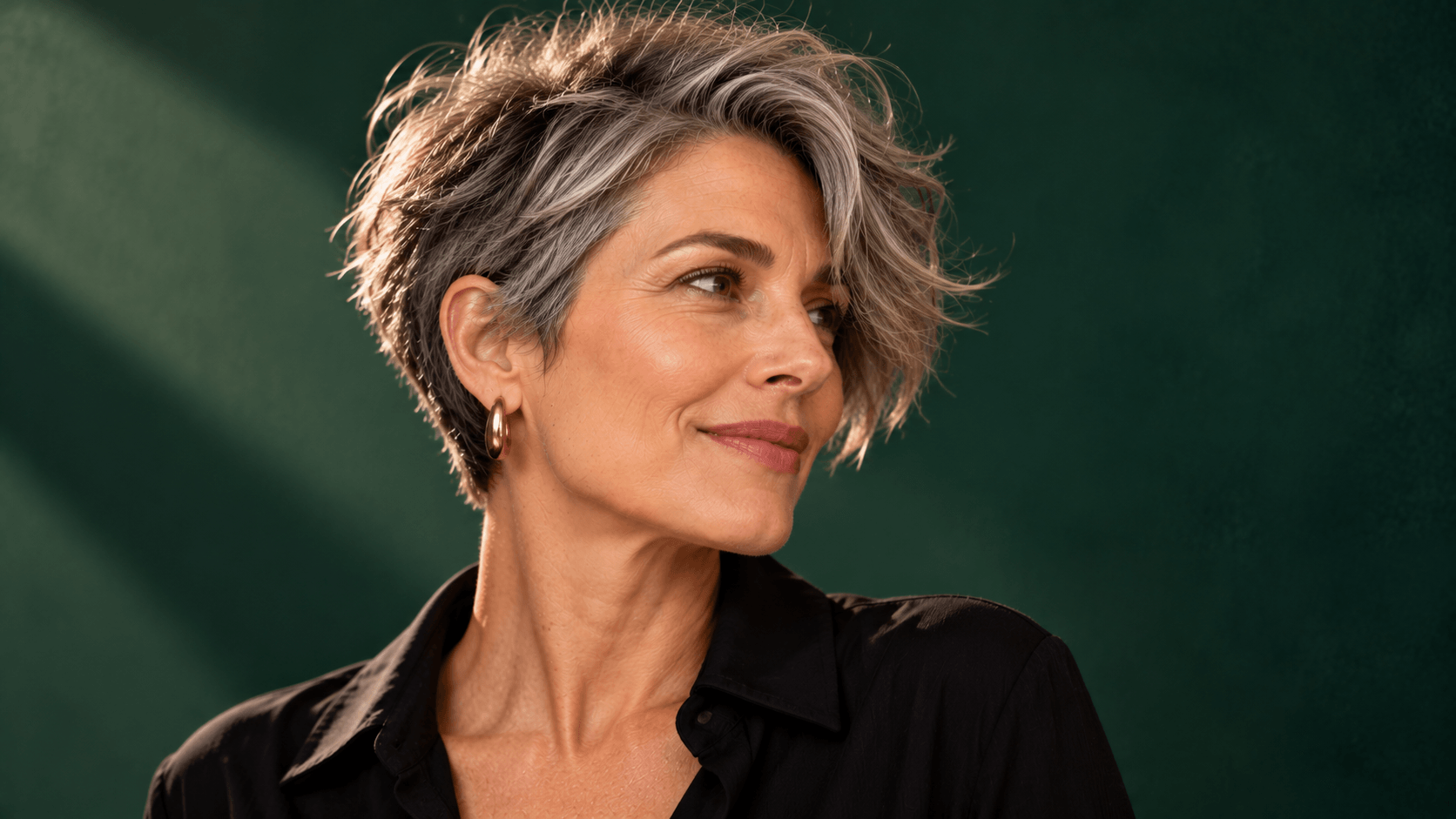 Mujer de 40 años con corte pixie, laterales cortos y mayor longitud y volumen en la parte superior.