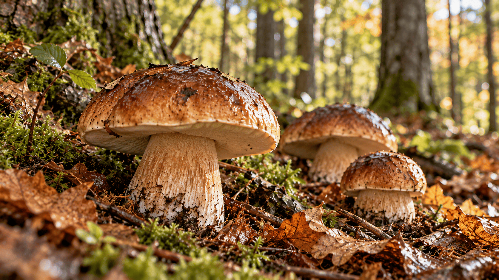 Três cogumelos que representam boletus, com chapéus marrons e pés grossos de cor clara, entre musgo e folhas secas em uma floresta.