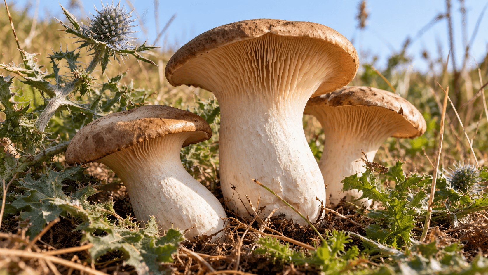 Três cogumelos que representam cogumelos-de-cardo, com pés brancos e grossos e chapéus marrons, entre ervas e vegetação em terreno aberto.